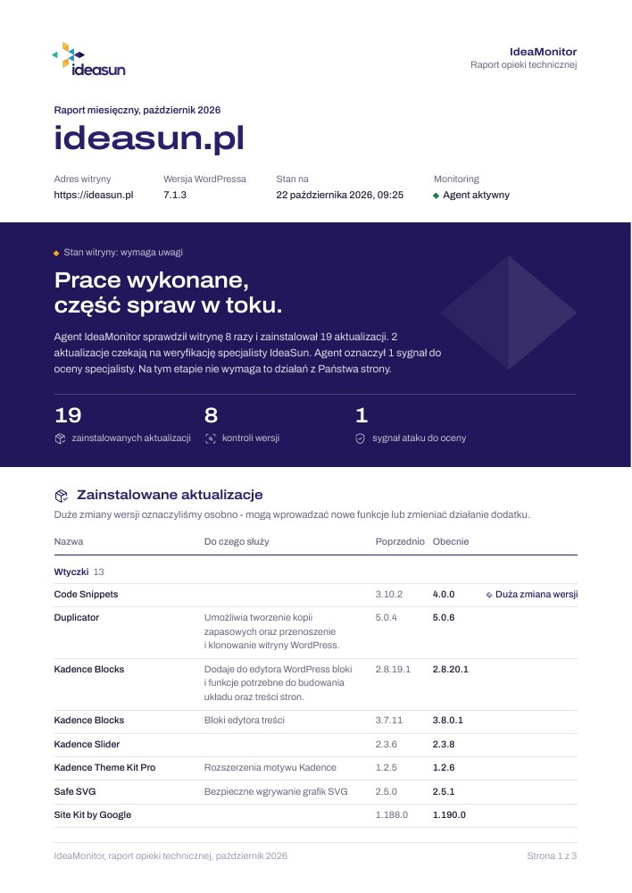 Pierwsza strona przykładowego raportu IdeaMonitor: podsumowanie opieki i tabela zainstalowanych aktualizacji